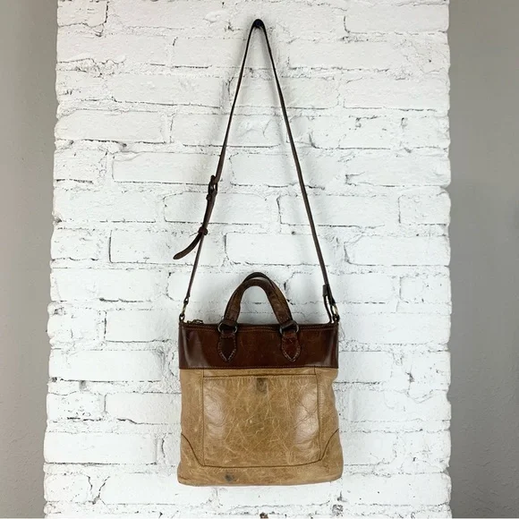 Frye Melissa Small Tote Crossbody Two Tone Brown Leather Purse Bag - Picture 4 of 15